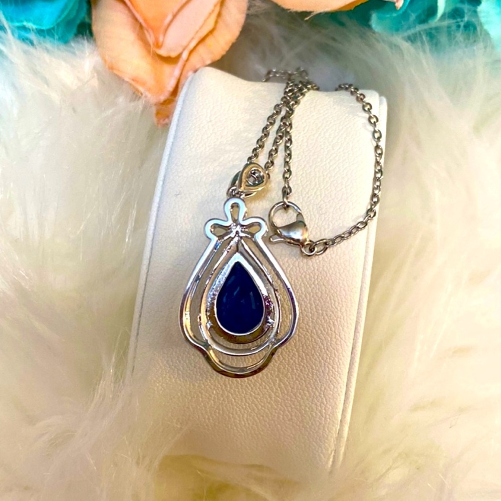Sapphire Gemstone & Micro Pave Diamond Pendant Necklace With Silver Chain NEW! - Picture 4 of 6